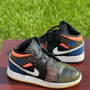 Nike Jordan 1s Kids Sneakers in Black, Blue, and Orange